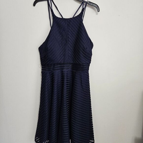 NWT Dear Moon Women Navy Blue Cocktail Dress 11 Sheer Striped Shell Over Solid - Picture 1 of 8